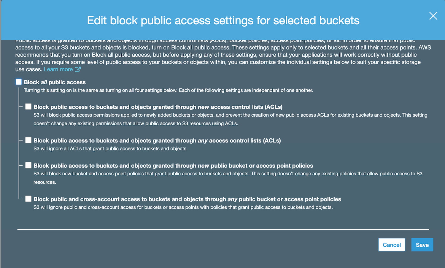 Edit S3 buckets public access settings