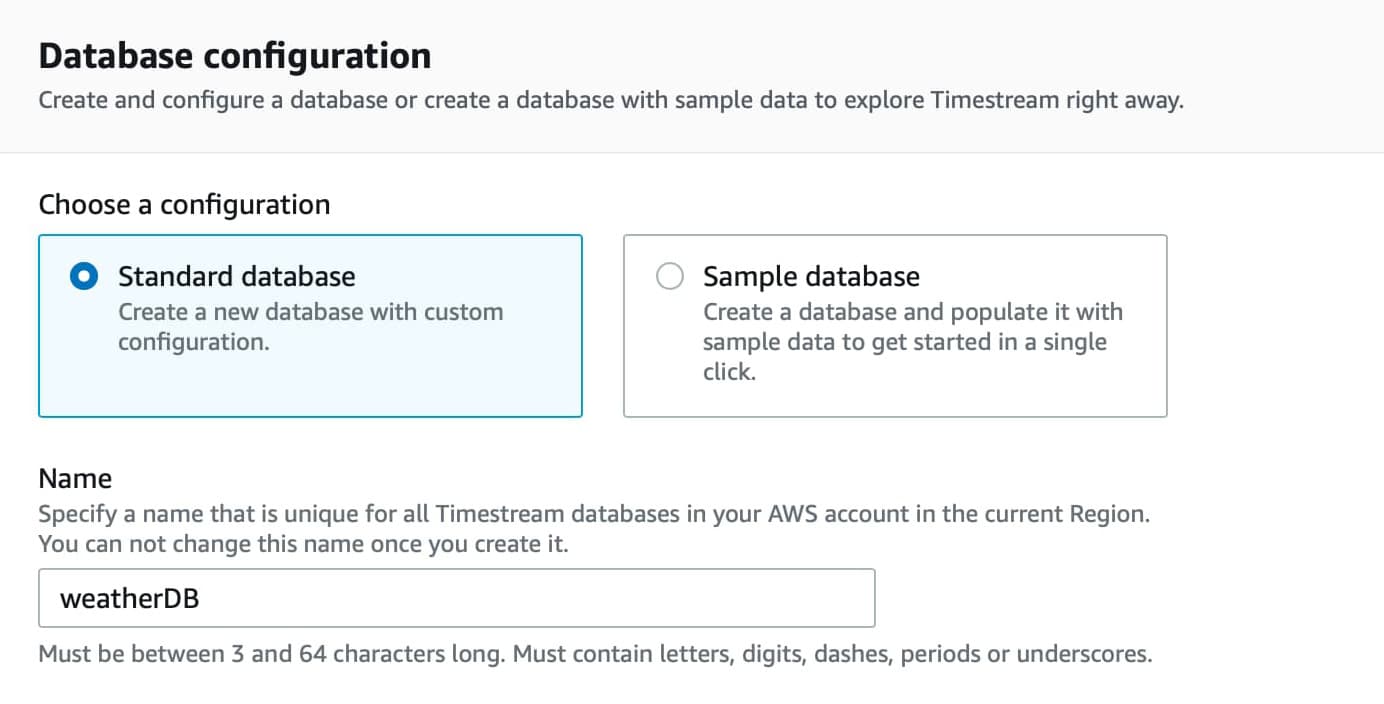 Create database from Amazon timestream console